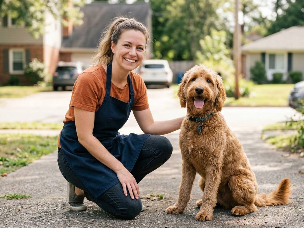 Jess, the groomer, crouching beside a happy goldendoodle on a suburban driveway