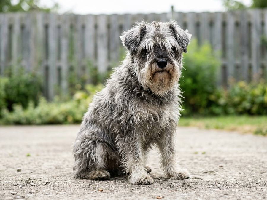 Before grooming: Ziggy the schnauzer cross, sitting with a shaggy overgrown coat and eyebrows over his eyes