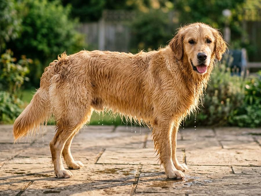 Before grooming: Daisy the golden retriever, coat soaked flat after her bath