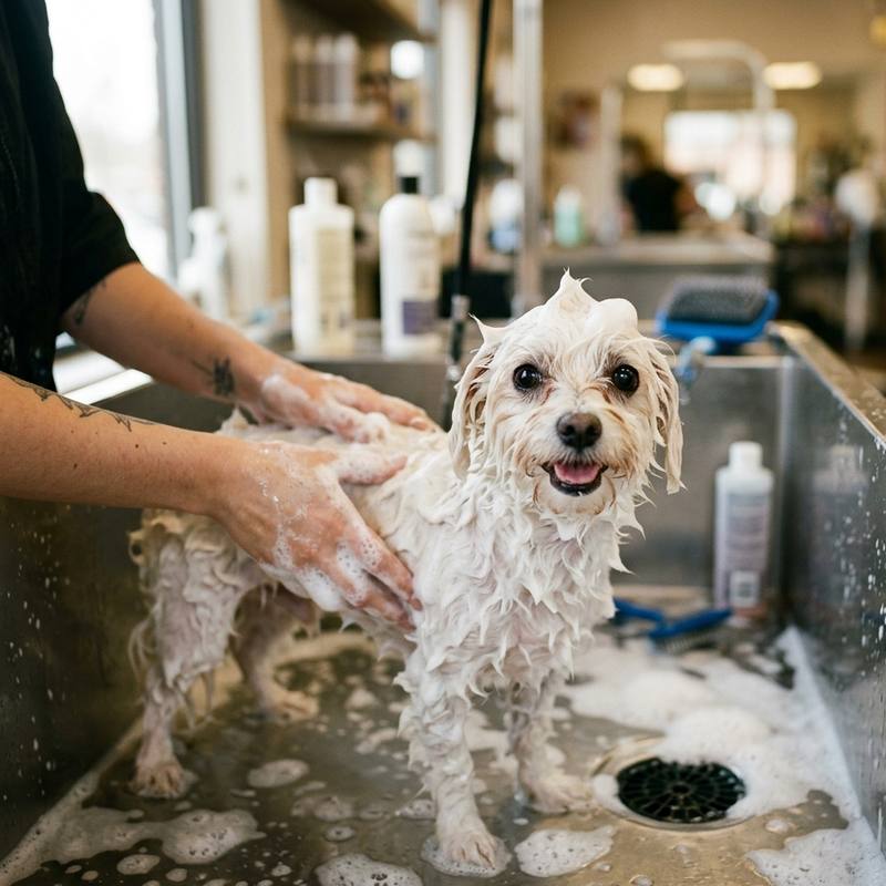 A small white dog covered in shampoo suds being washed in a grooming bath
