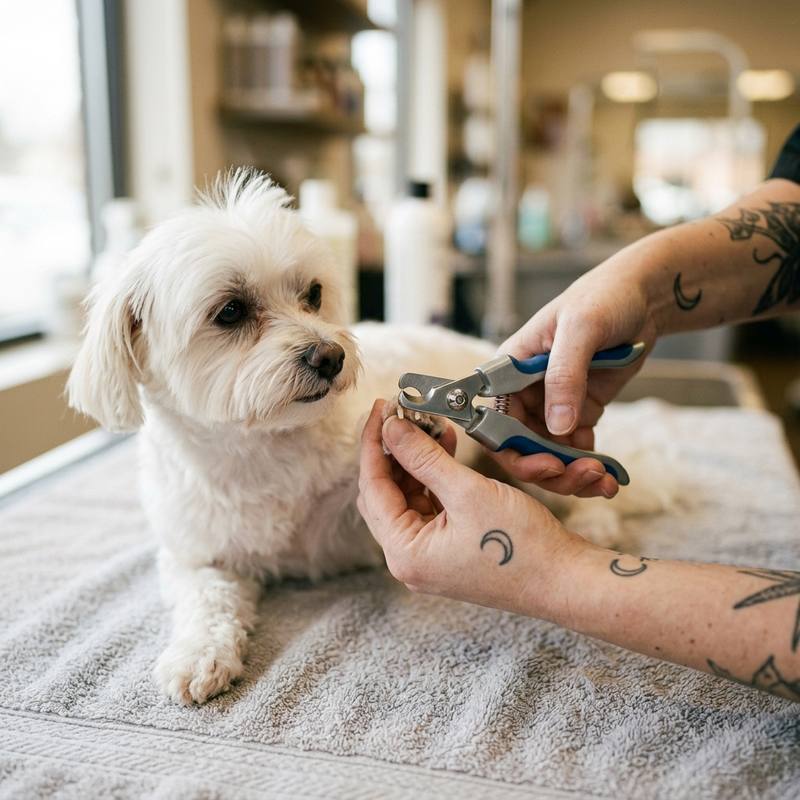 A groomer carefully trimming a small white dog's nails