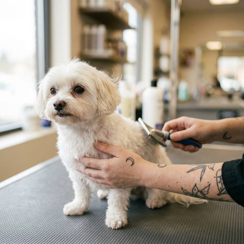 A groomer brushing out a small white dog on the grooming table