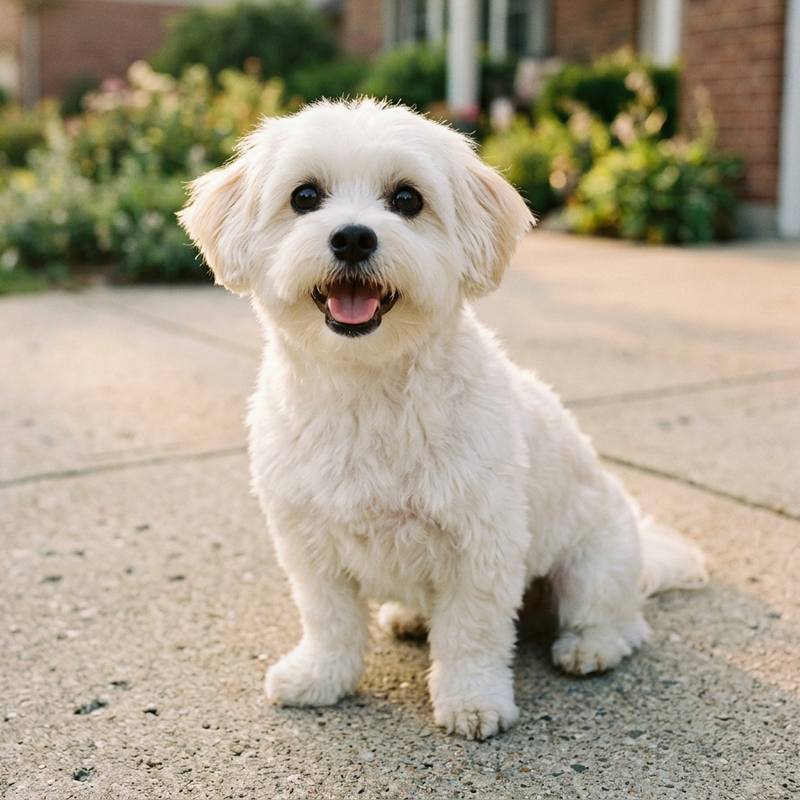 The same small white dog, freshly groomed and fluffy, sitting on the driveway at the end of the appointment