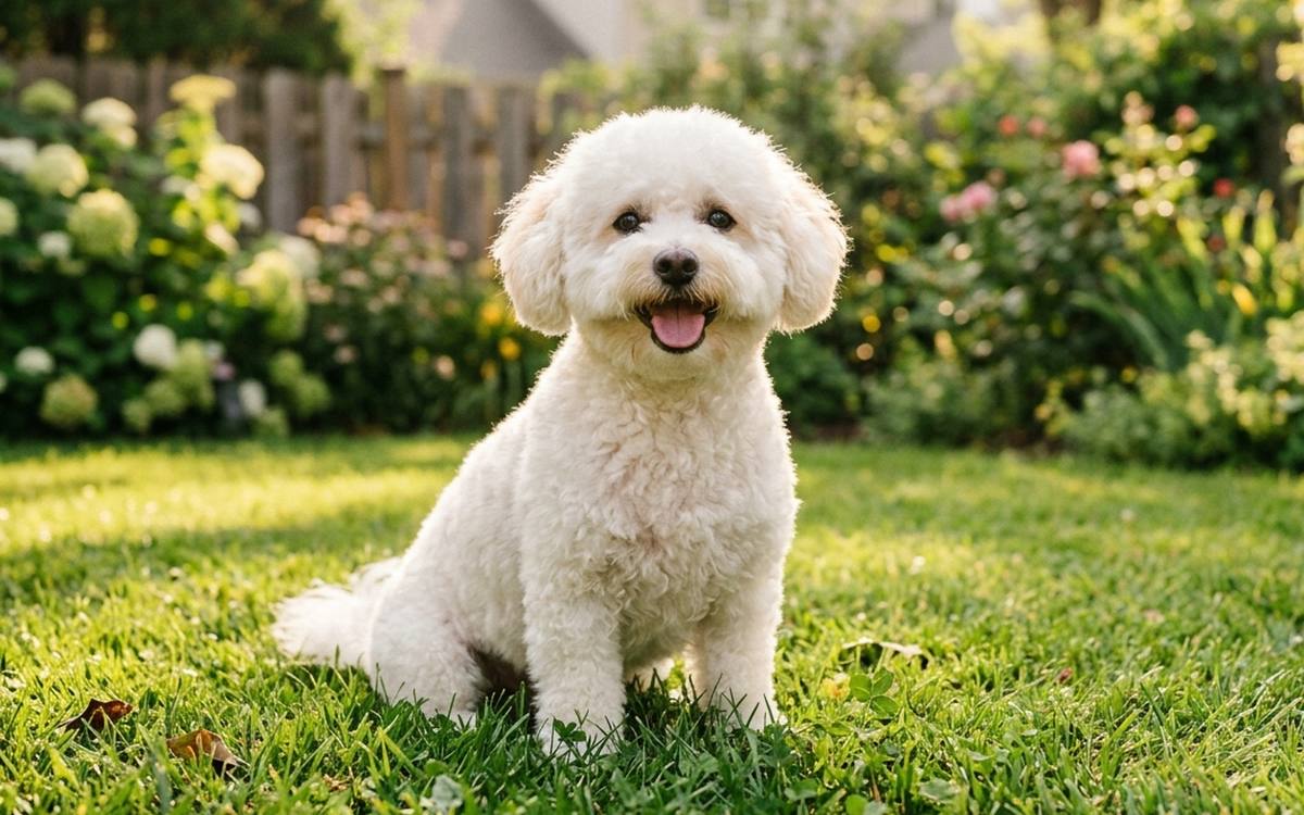 A freshly groomed white curly-coated dog sitting on a sunny backyard lawn